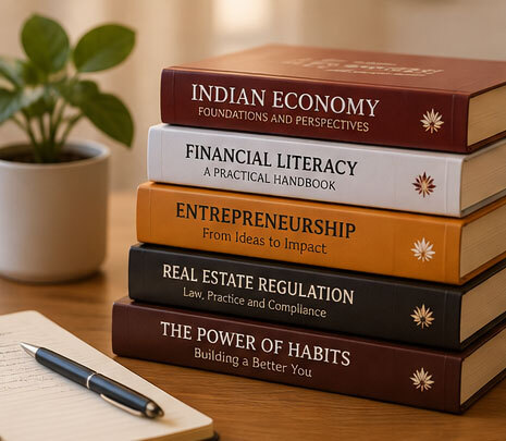 Stack of Print and Pixel books on economy, financial literacy, entrepreneurship and real estate regulation
