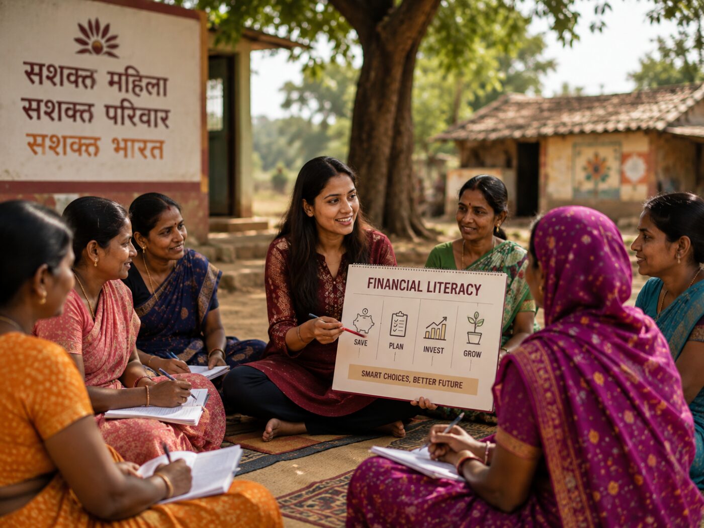 Women attending a financial literacy session under a tree in rural India