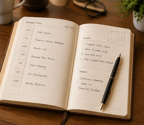 Open academic planner showing a weekly study and goals page with a pen