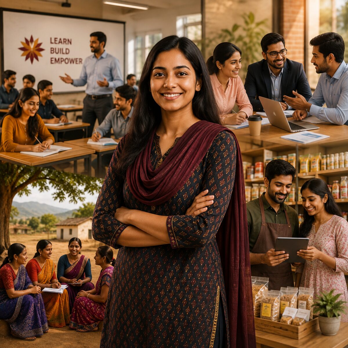 Indian learners in a classroom, women professionals and small entrepreneurs supported by Anjaney Bharat Foundation