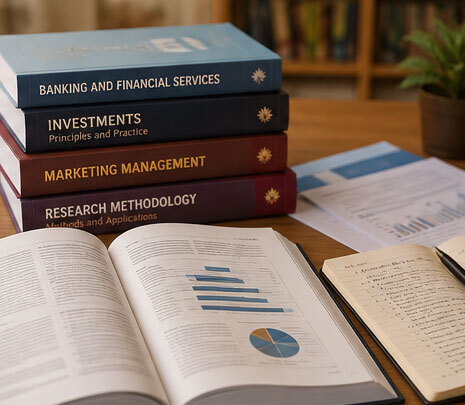 Academic reference books on banking, investments and research methodology with an open textbook